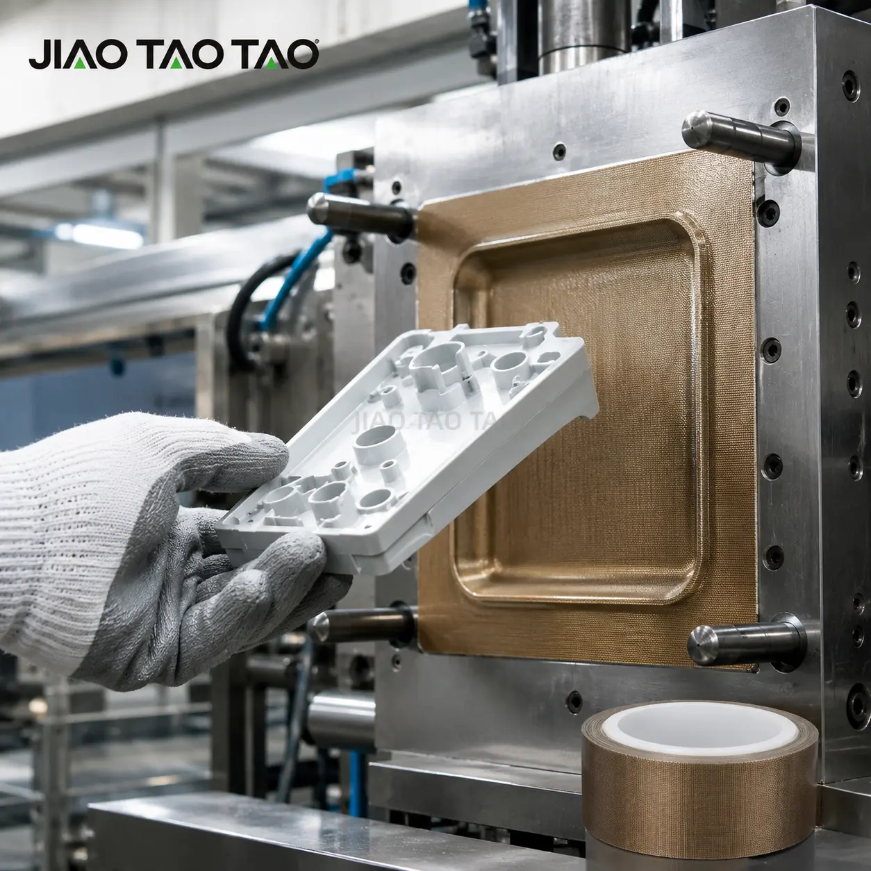 PTFE fiberglass tape used for mold release and anti-stick treatment in plastic and rubber processing.
